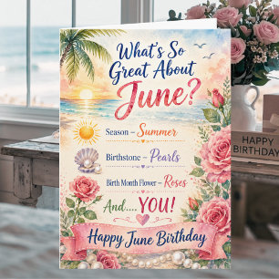 Carte d'anniversaire de juin Roses et Perles d'été