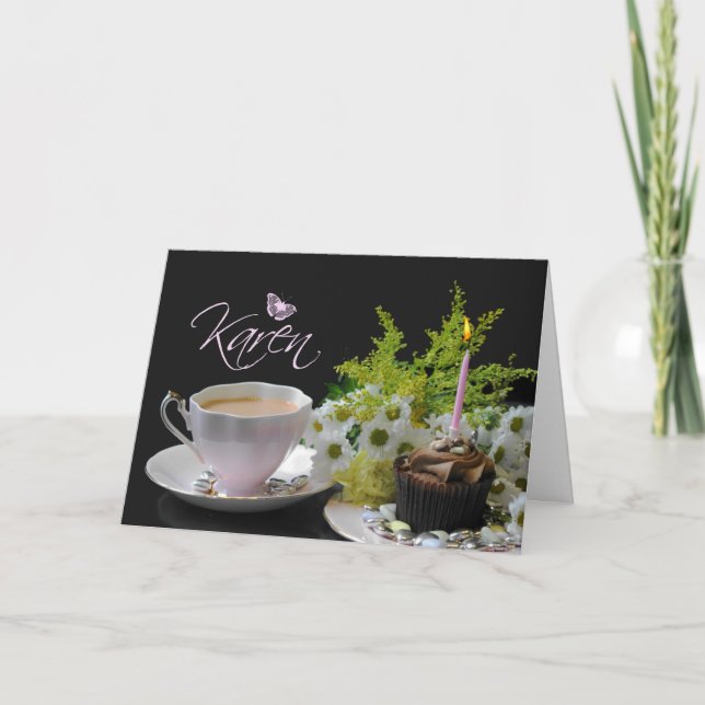 Carte d'anniversaire de Karen avec le thé et les (Devant)