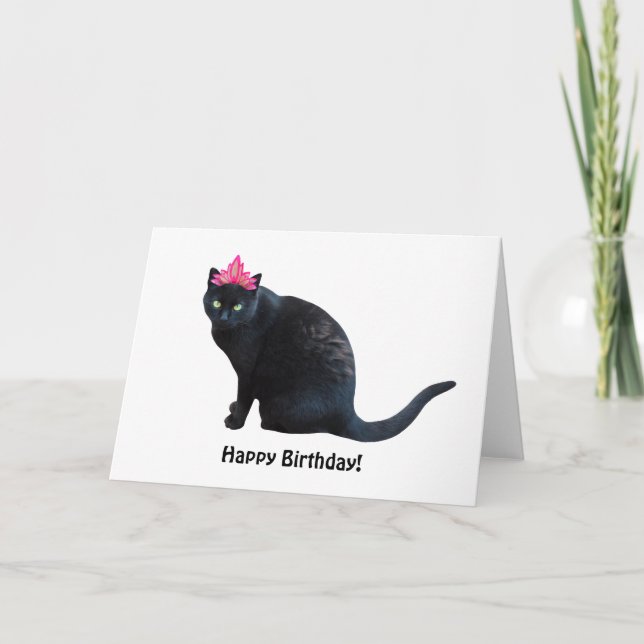 Carte d'anniversaire de la Couronne rose Chat noir (Devant)