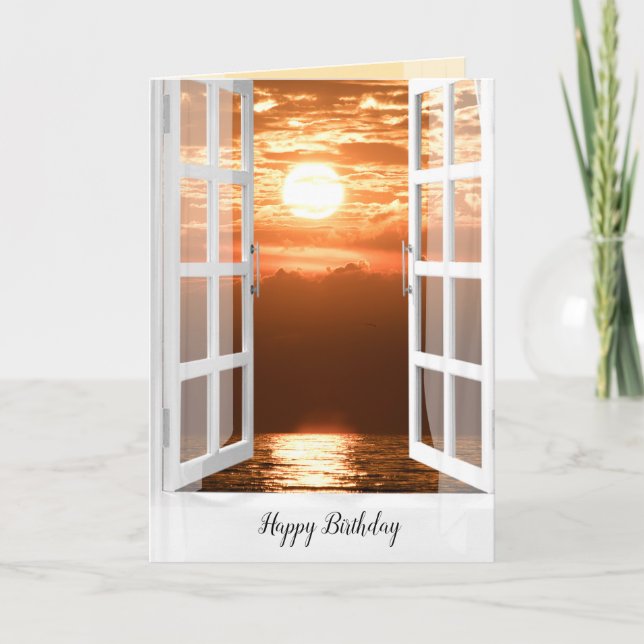 Carte d'anniversaire de la fenêtre du coucher du s (Devant)