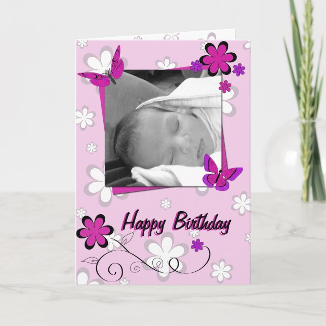 Carte d'anniversaire de la fille - Papillons et fl (Devant)
