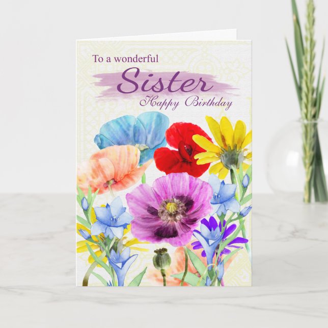 Carte d'anniversaire de la soeur Aquarelle Fleurs  (Devant)