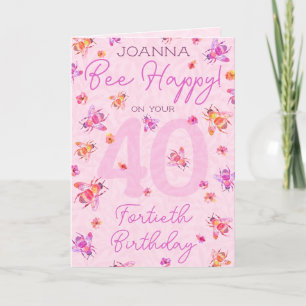 Carte d'anniversaire de l'abeille rose Vintage 40e