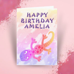 Carte d'anniversaire de lézard gecko rose mignon a