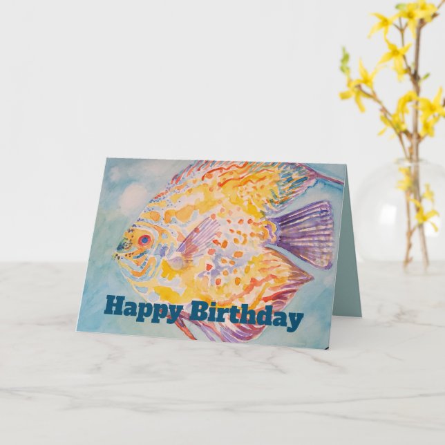 Carte d'anniversaire de poisson de couleur arc-en- (Fleur jaune)