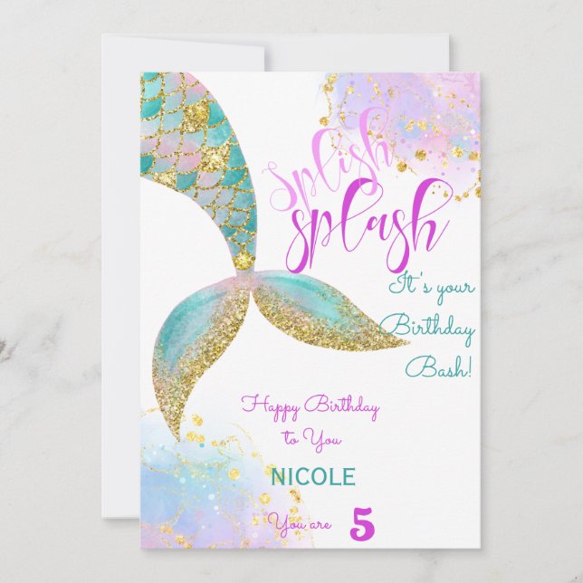 Carte d'anniversaire de sirène à éclaboussure (Devant)