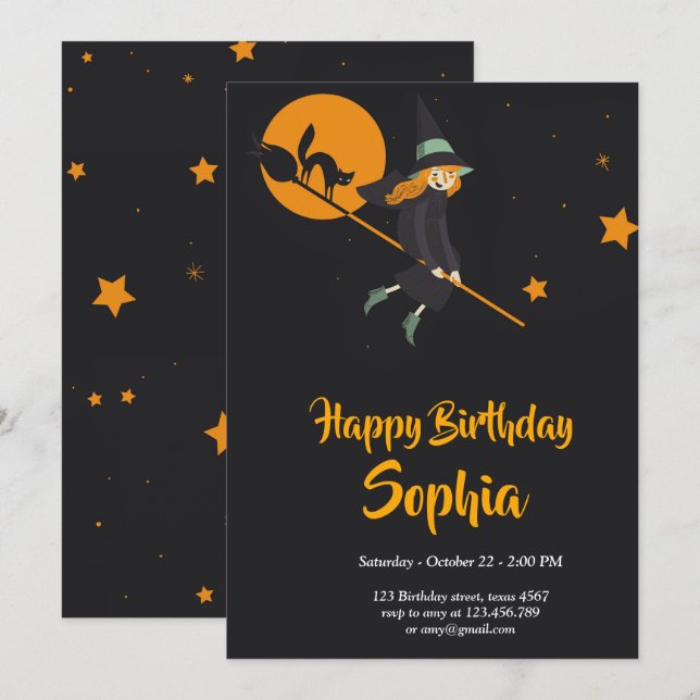 carte d'anniversaire de sorcière et de chat (Devant / Derrière)