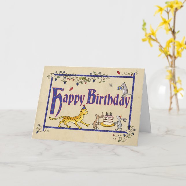 Carte d'anniversaire de style médiéval avec léopar (Fleur jaune)