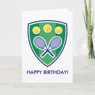 Carte d'anniversaire de tennis avec badge de raque