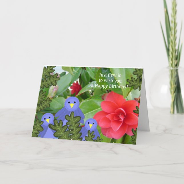 Carte d'anniversaire des oiseaux et fleurs bleus (Devant)