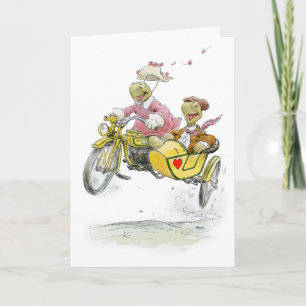 Carte d'anniversaire des tortues avec side-car de