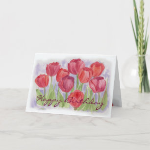 Carte d'anniversaire des tulipes d'aquarelle rouge