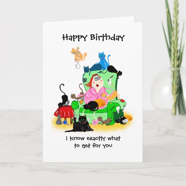 Carte d'anniversaire drôle - chatte et chats carto (Devant)