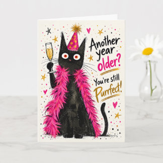 Carte d'anniversaire drôle de chat noir en boa en 