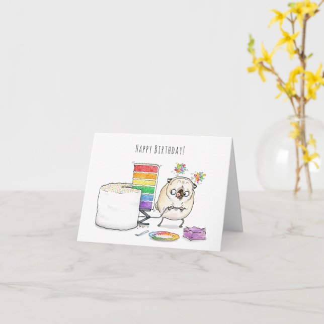 Carte d'anniversaire du carlin Rainbow Cake (Fleur jaune)