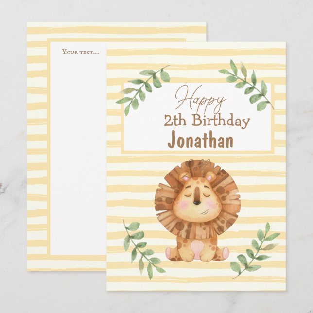 Carte d'anniversaire du garçon de la faune du lion (Devant / Derrière)