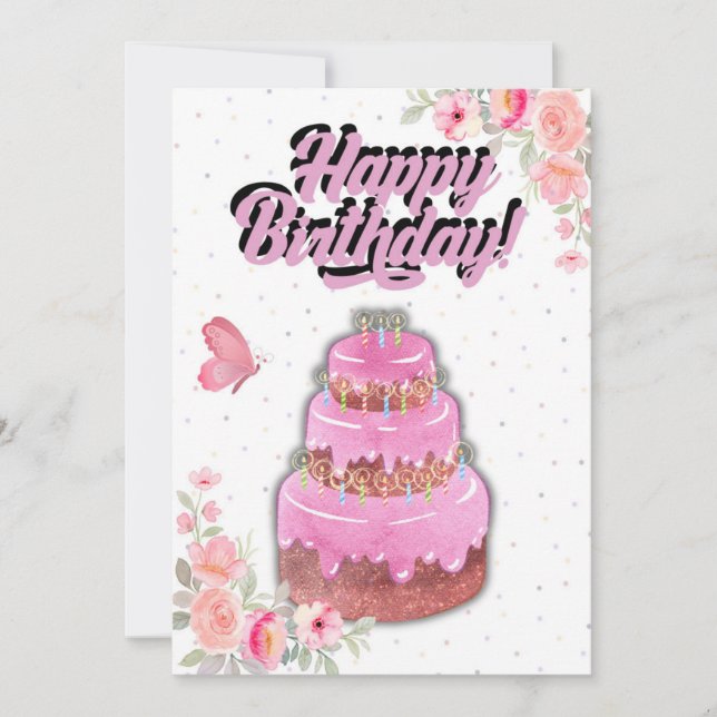 Carte d'anniversaire du gâteau rose (Devant)