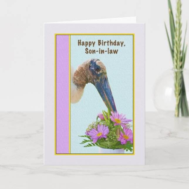Carte d'anniversaire du gendre avec cigogne et fle (Devant)