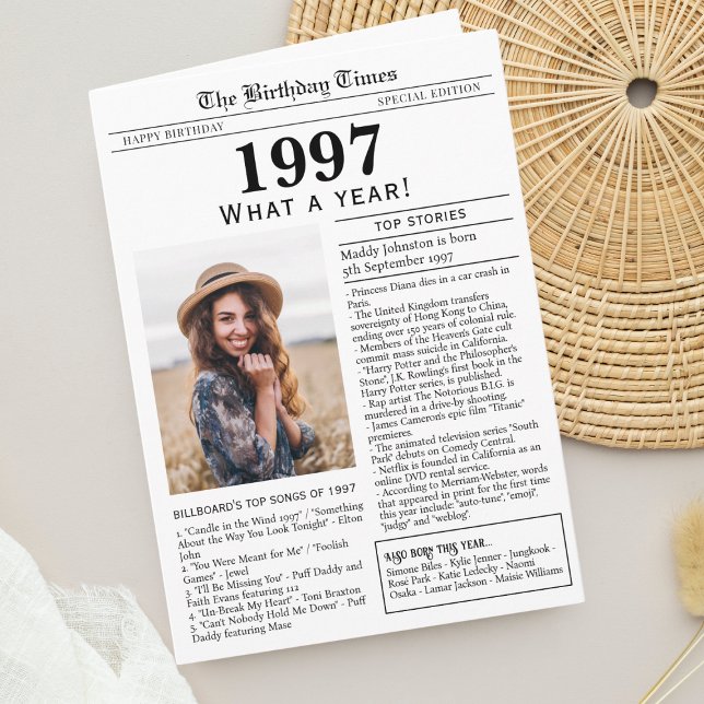 Carte d'anniversaire du journal 1997 (Born in 1997 Newspaper Birthday greeting card, custom photo and fun facts)