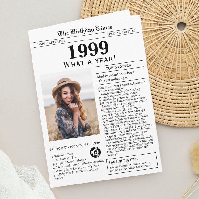 Carte d'anniversaire du journal 1999 (Born in 1999 Newspaper Birthday greeting card, with news, trivia and custom photo)