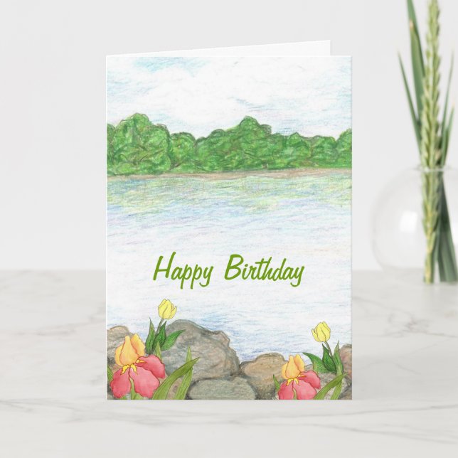 Carte d'anniversaire du lac et des fleurs (Devant)