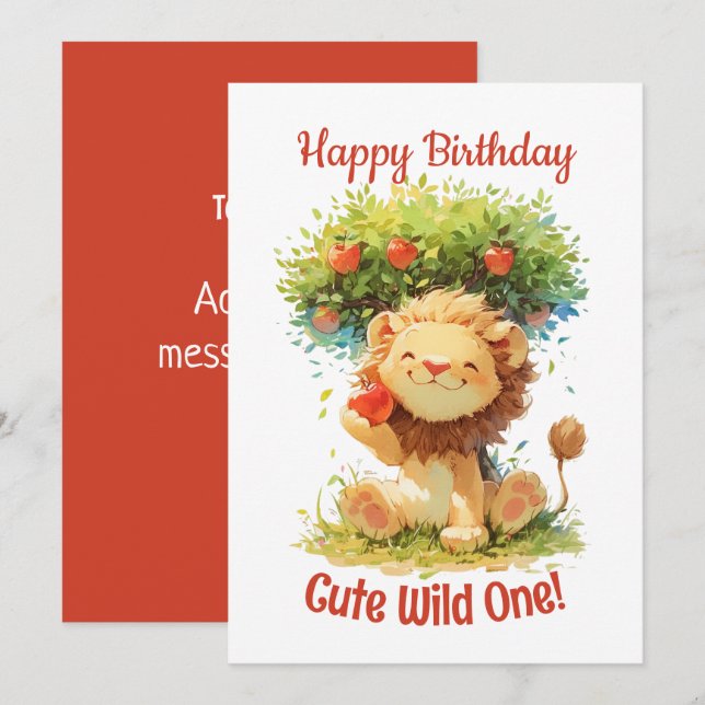Carte d'anniversaire du lion souriant mignon et de (Devant / Derrière)