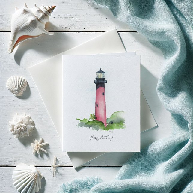 Carte d'anniversaire du phare Jupiter (Birthday cards beach watercolor Jupiter Lighthouse art by Victoria Grigaliunas Do Tell A Belle)