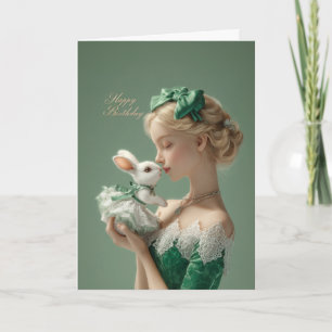Carte d'anniversaire élégante avec dame et lapin b