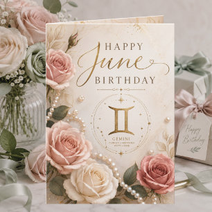 Carte d'anniversaire élégante de juin Gémeaux Rose