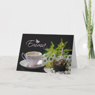 Carte d'anniversaire Emma avec thé au gâteau et fl