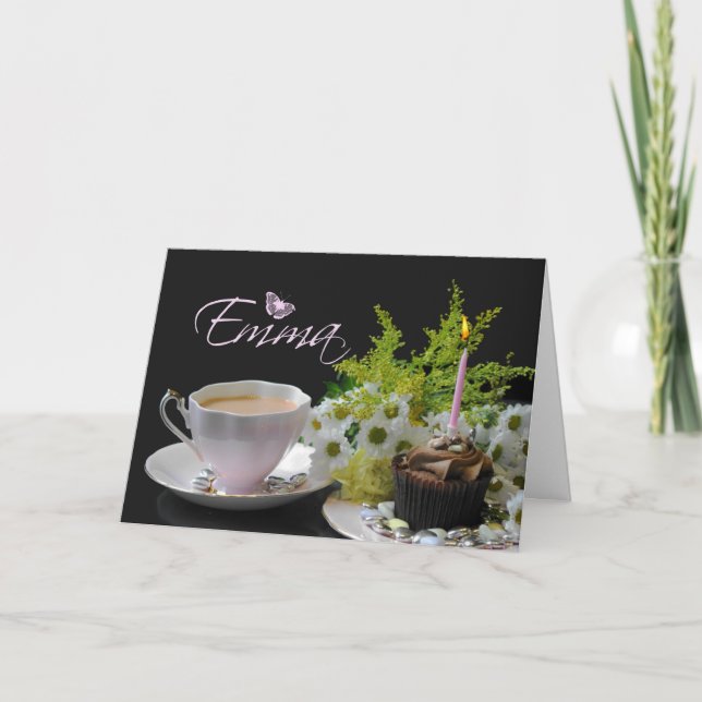 Carte d'anniversaire Emma avec thé au gâteau et fl (Devant)