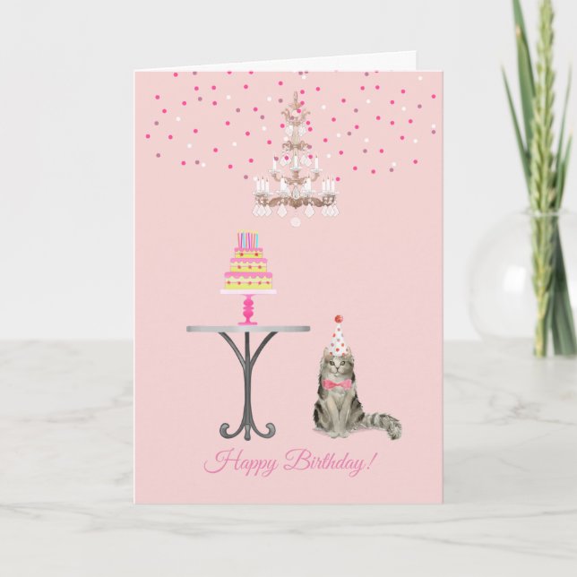 Carte d'anniversaire féminine rose du chat (Devant)