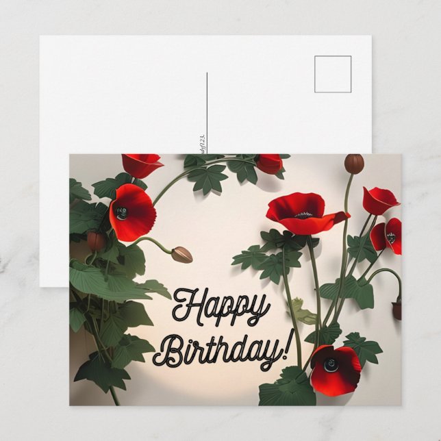 Carte d'anniversaire, fleurs de coquelicots,  (Devant / Derrière)