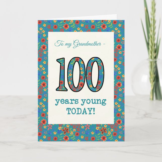 Carte d'anniversaire florale 100 ans Jeune grand-m (Devant)