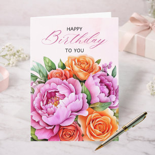 Carte d'anniversaire florale aux élégantes pivoine