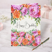 Carte d'anniversaire florale aux pivoines roses él