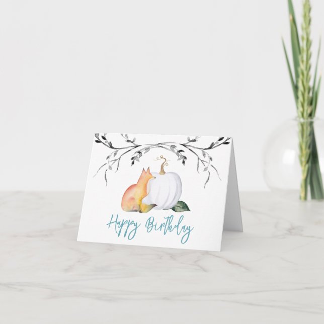 Carte d'anniversaire Fox et Citrouille Automne Aqu (Devant)