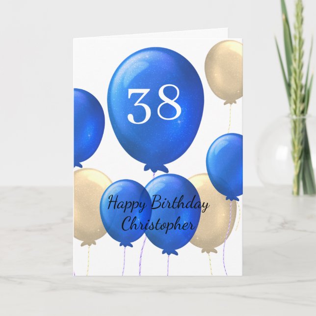 Carte d'anniversaire Gold et Blue Balloons 38th Bi (Devant)