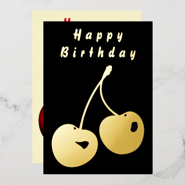 Carte d'anniversaire Gold Foil avec cerise rouge e (Recto/Verso)