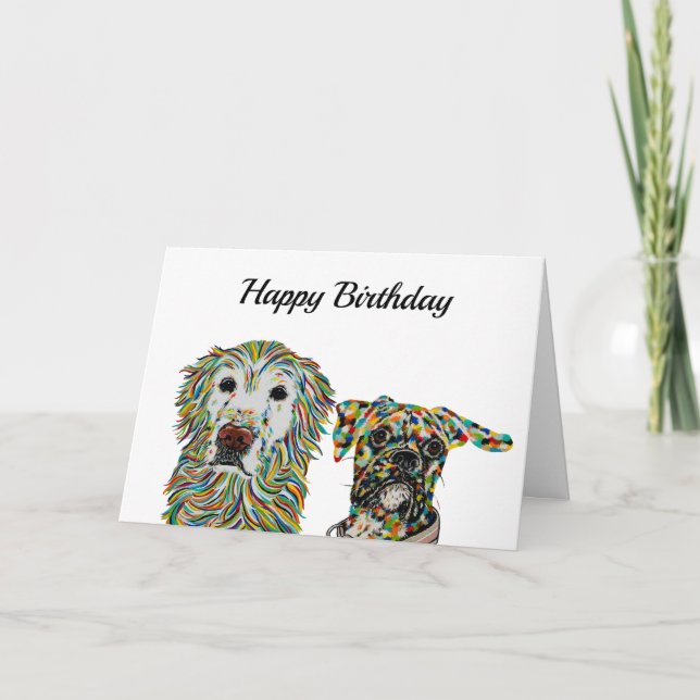 Carte d'anniversaire Golden Retriever et Boxe (Devant)
