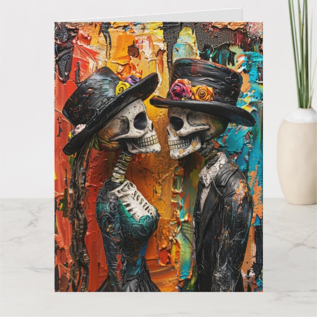 CARTE D'ANNIVERSAIRE GOTHIC SQUELETTES HEUREUX (Devant)