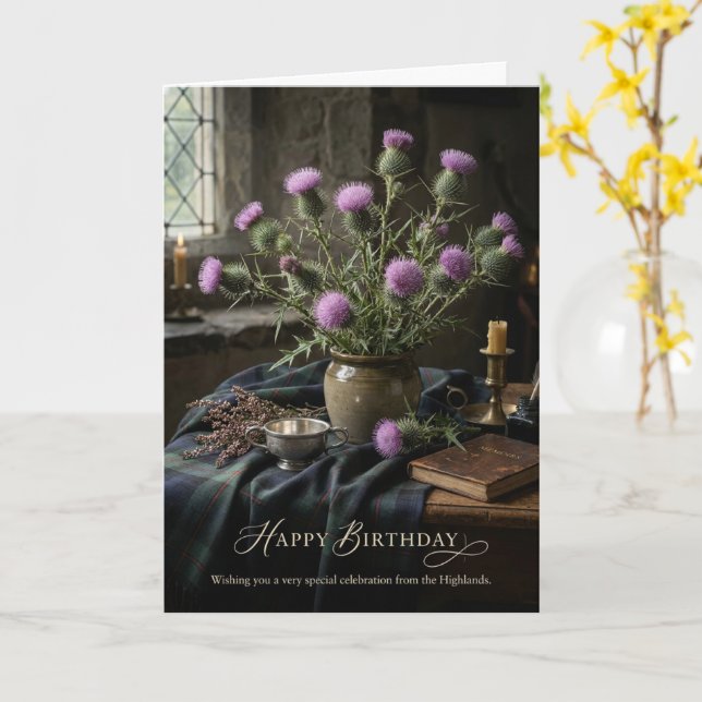 Carte d'anniversaire Highlands au chardon écossais (Fleur jaune)