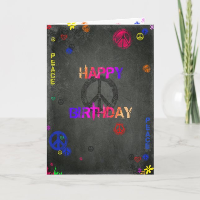 Carte d'anniversaire hippie heureuse en noir (Devant)