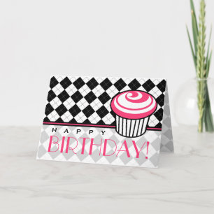 Carte d'anniversaire Jacquard noir avec Cupcake ro