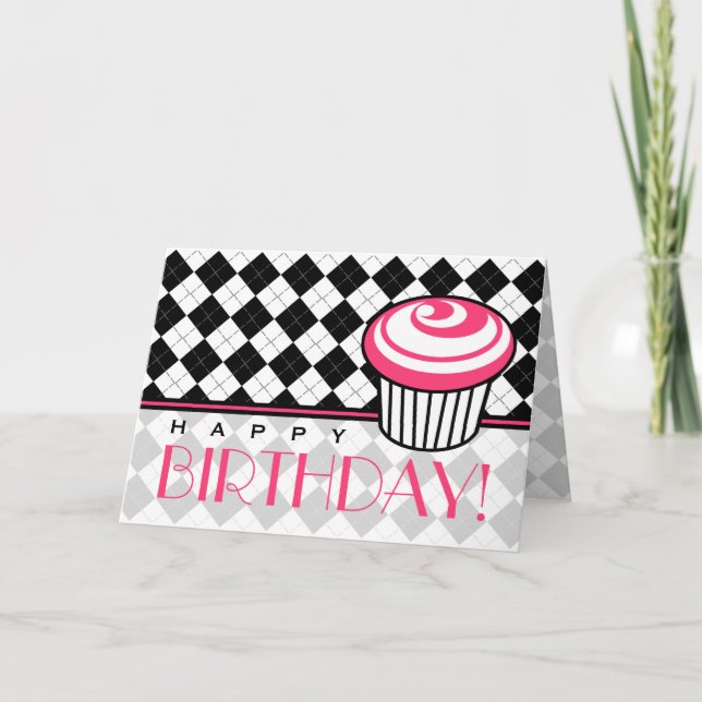 Carte d'anniversaire Jacquard noir avec Cupcake ro (Devant)