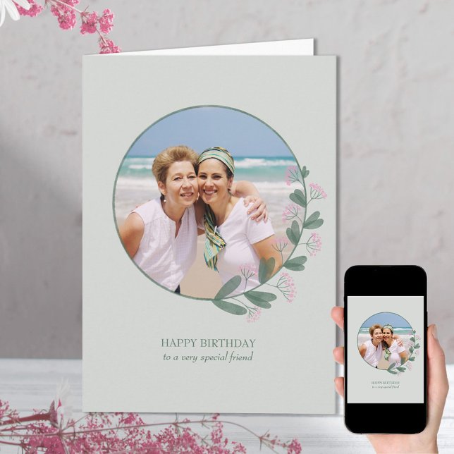 Carte d'anniversaire joyeuse avec cadre photo rose (Créateur téléchargé)