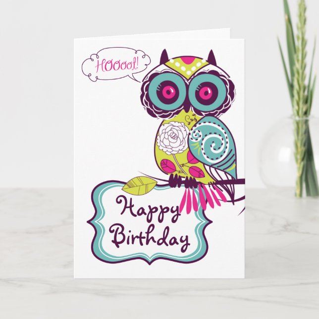 Carte d'anniversaire joyeuse de la Chouette floral (Devant)