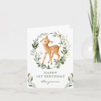 Carte d'anniversaire joyeux faon doré en verdure d