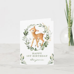 Carte d'anniversaire joyeux faon doré en verdure d