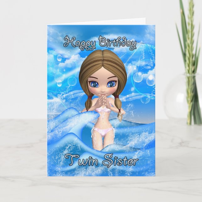 carte d'anniversaire jumelle - fille nage (Devant)